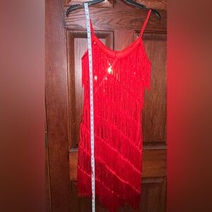 Vintage red sequin tassel stretchy, spaghetti/ adjustable strap dress.